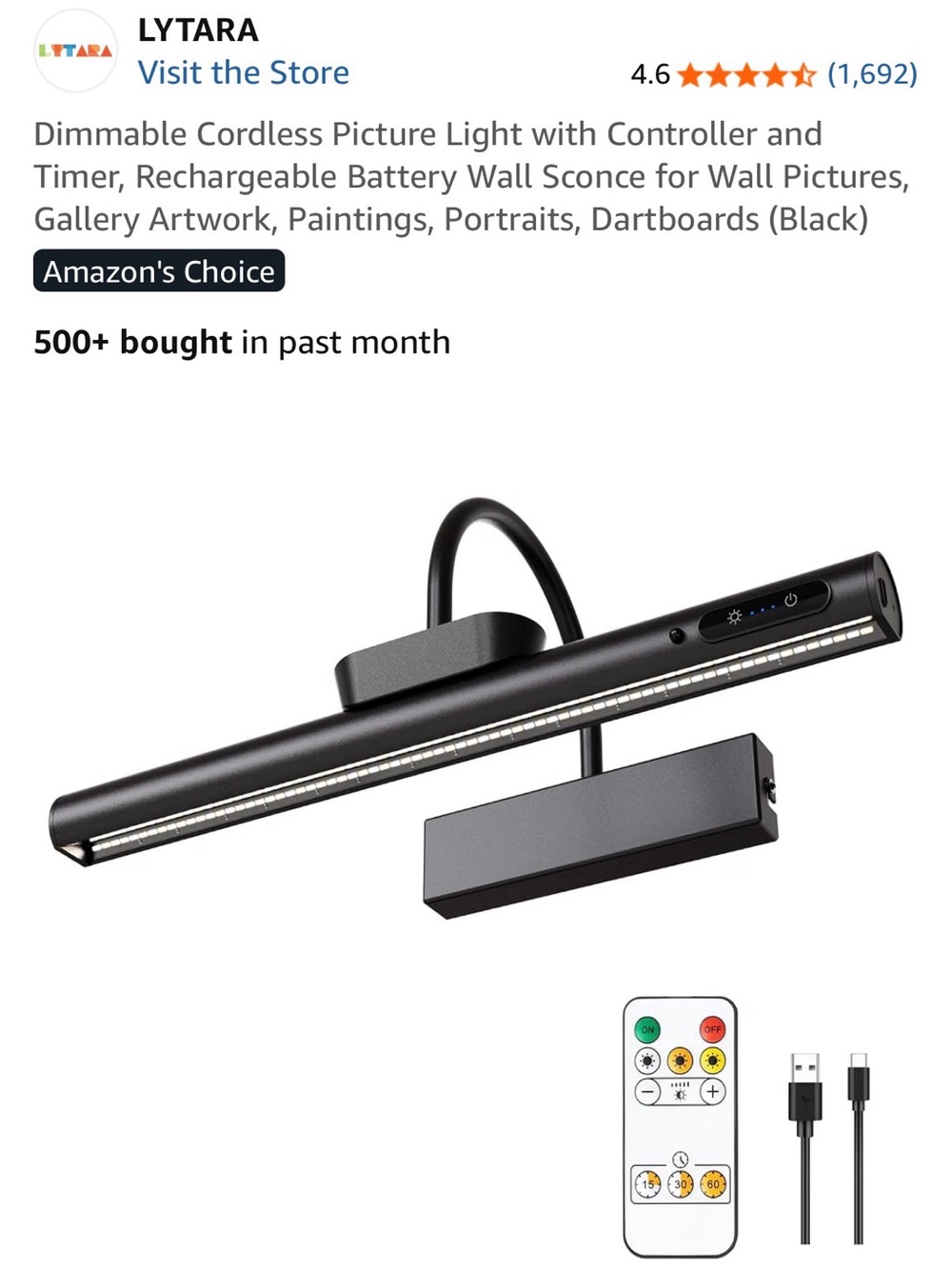 LYTARA Rechargeable Cordless Picture Light 14” Remote Timer Dimmable Set 2- NEW